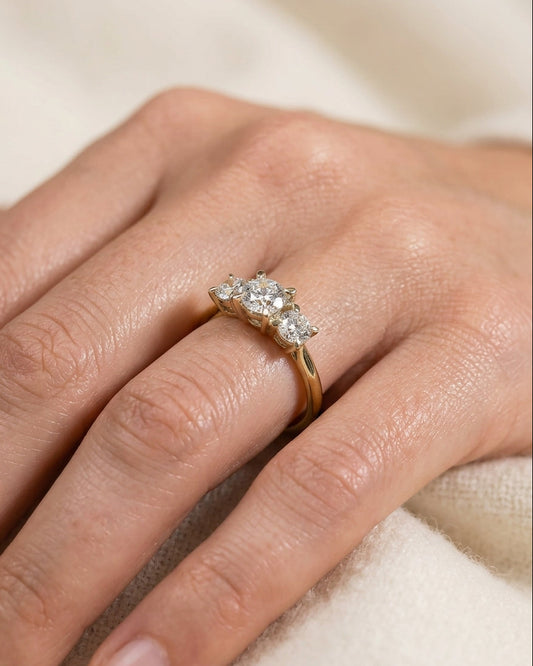 Three-stone engagement ring — Luxury Bridal Jewelry Close-up | Generated by Modelize