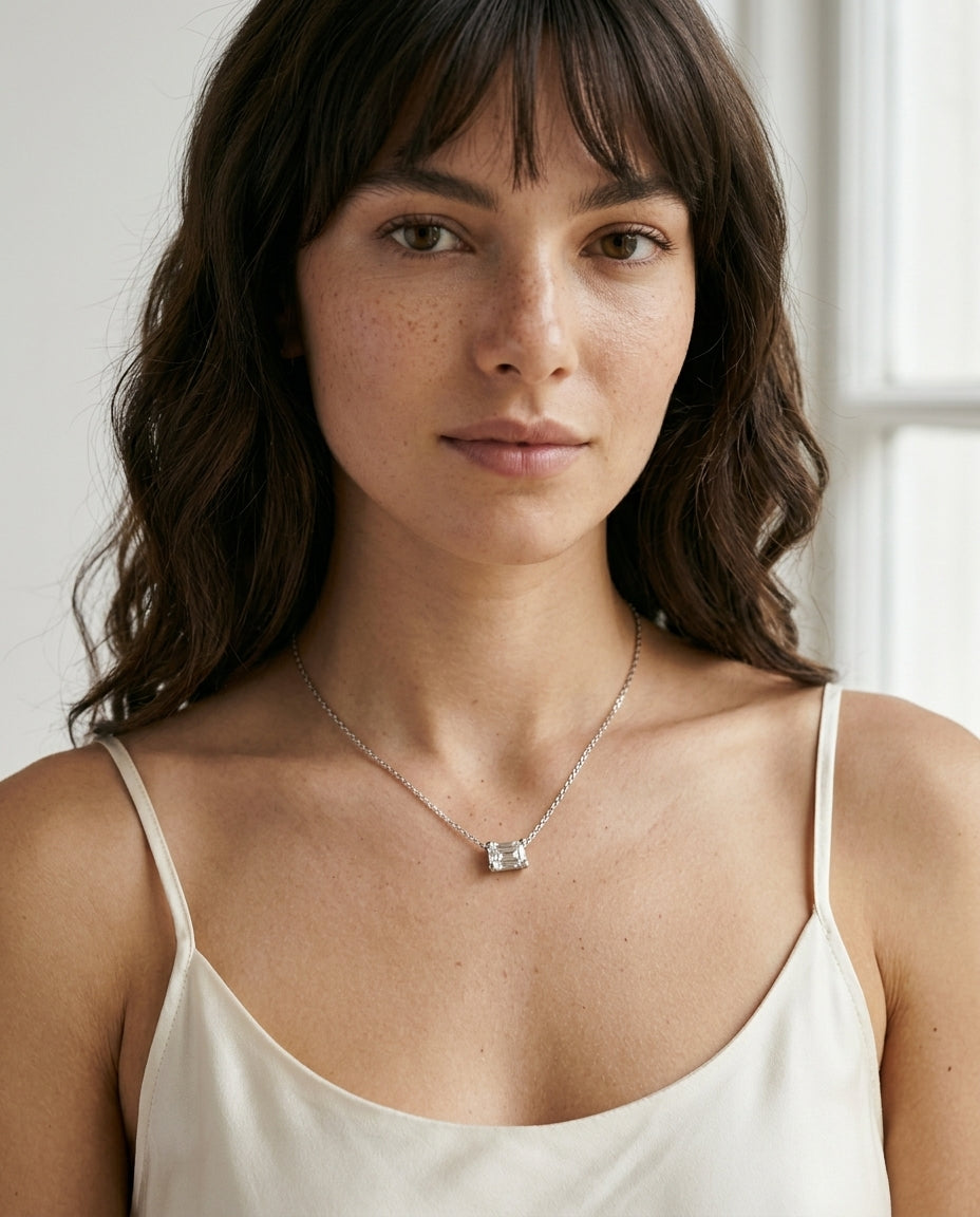 Emerald-cut diamond necklace — On Model - Jewelry Portrait | Generated by Modelize