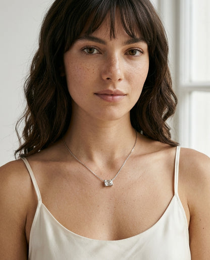 Emerald-cut diamond necklace — On Model - Jewelry Portrait | Generated by Modelize