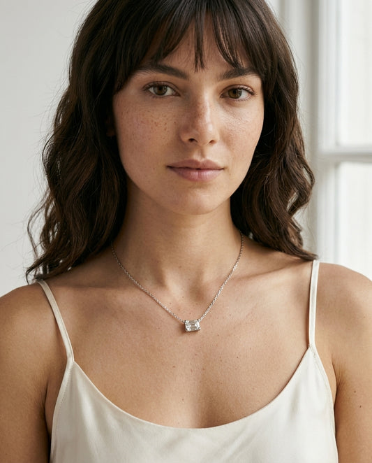 Emerald-cut diamond necklace — On Model - Jewelry Portrait | Generated by Modelize