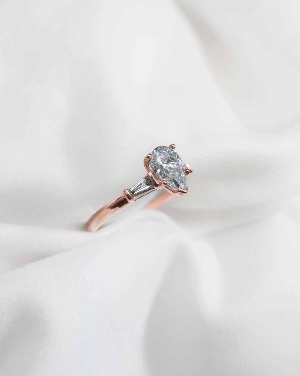 Pear & Tapered Baguette | Rose Gold Lab Grown Diamond Trilogy Engagement Ring - Lester & Brown