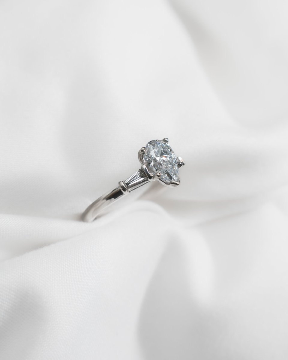 Pear & Tapered Baguette | White Gold Lab Grown Diamond Trilogy Engagement Ring - Lester & Brown