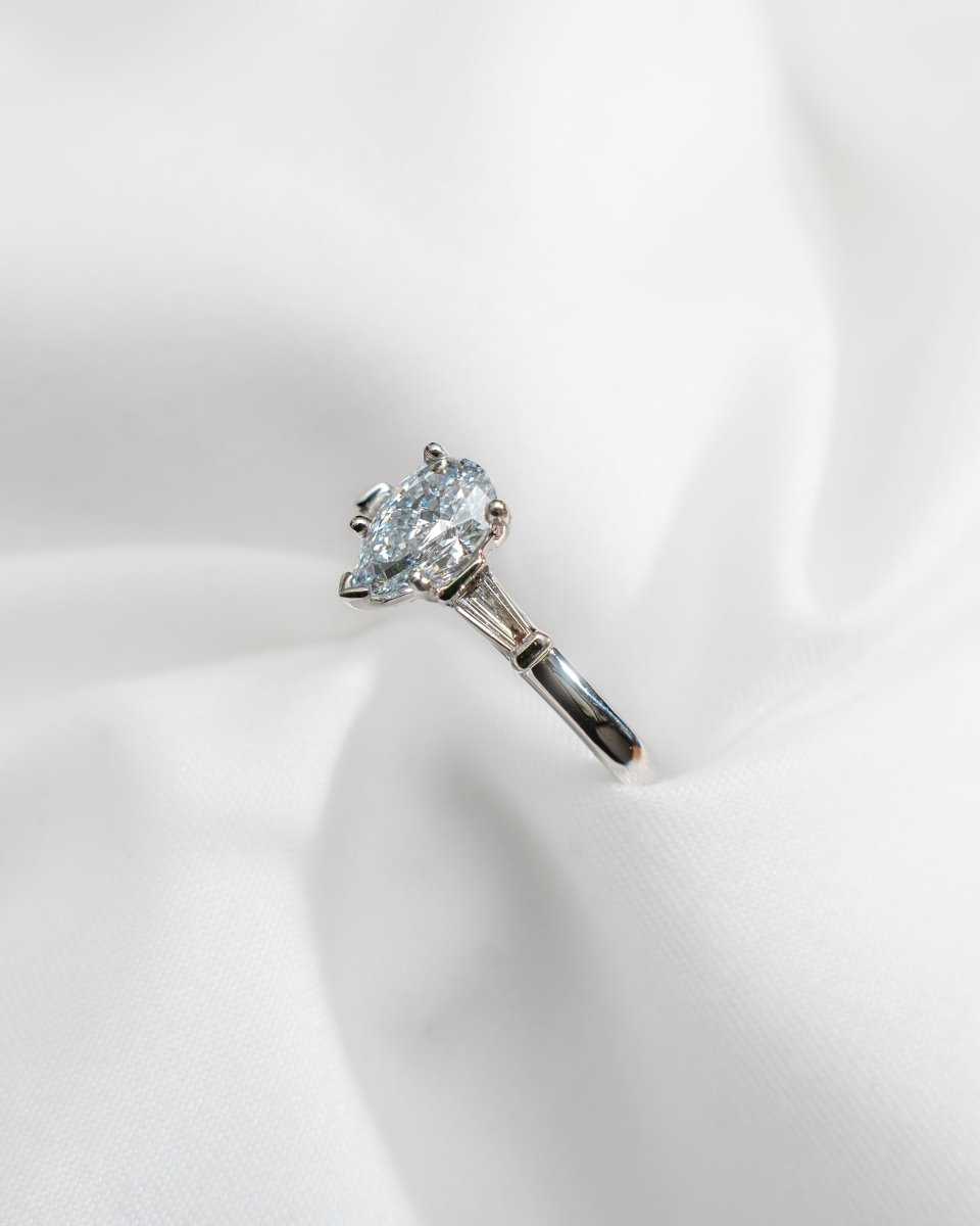 Pear & Tapered Baguette | White Gold Lab Grown Diamond Trilogy Engagement Ring - Lester & Brown